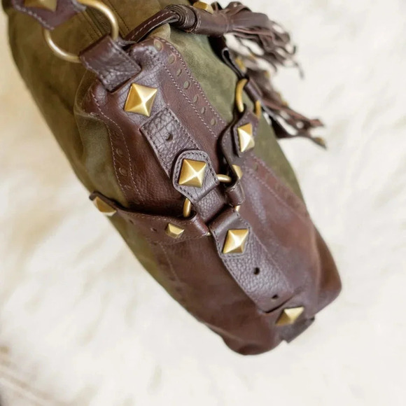 NWT! MICHAEL KORS COLLEGIATE STUDDED BROWN LEATHER OLIVE GREEN SUEDE BAG - Picture 13 of 15